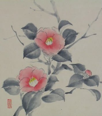 円形の水墨画 赤い花 flower0502.png