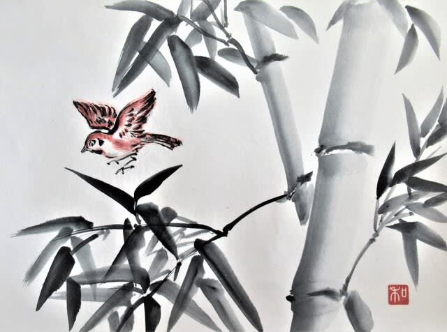 竹に雀」を水墨画で描く - 里山悠々録