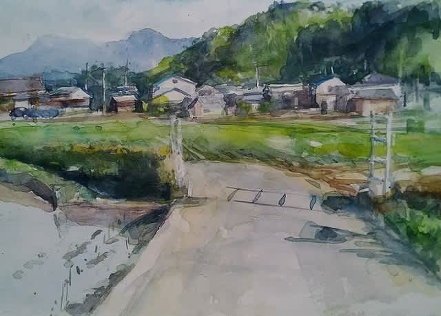 人気作家　杵渕やすお　水彩画 雨の中の風景 人気作家杵渕やすお水彩画 雨の中の風景