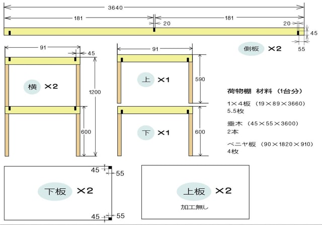 荷物置き用の棚、設計図 益子じん 工房いわもと