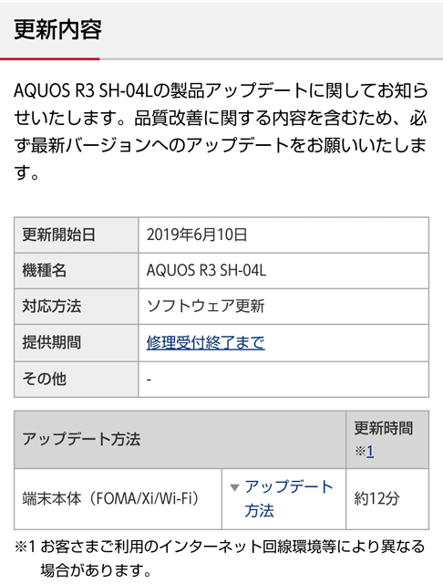 AQUOS R3 SH-04Lのアップデート情報を確認