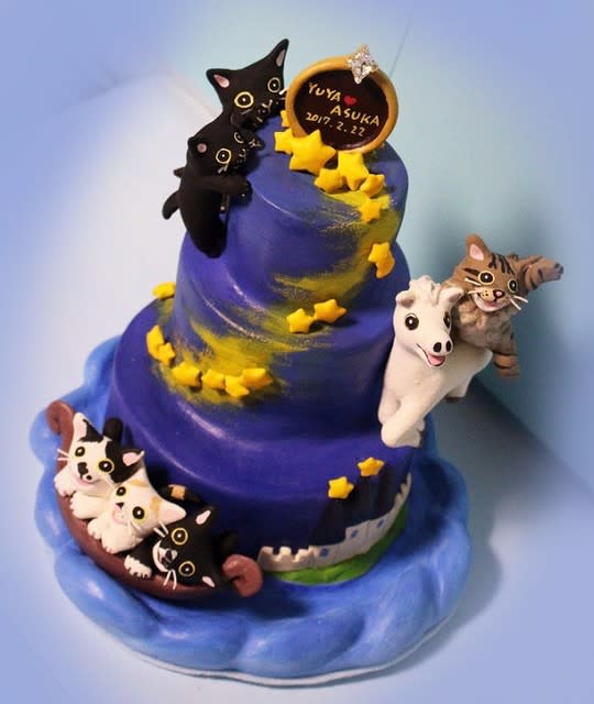星空のウエディングケーキ 制作風景です 猫とインコと一緒 ｈａｐｐｙな毎日