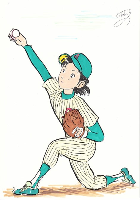 女子野球マンガイラスト 19 投げ下ろす Baseball Girl Illustration 19 スケッチ貯金箱