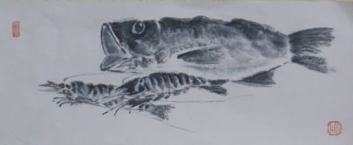 魚とエビ 水墨画 哲仙の水墨画