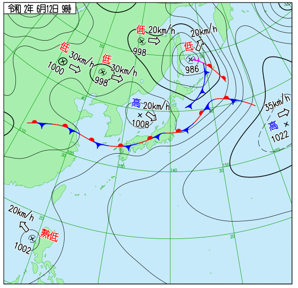 6月12日 本州停滞前線 日本海南部移動性高気圧 今日の天気図