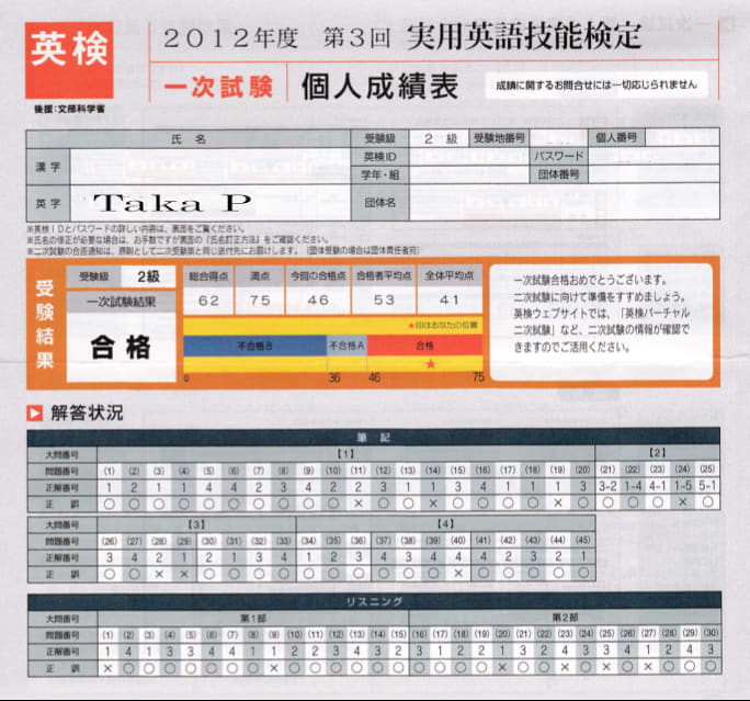 英検１次の結果が届いた Takapの数学日記