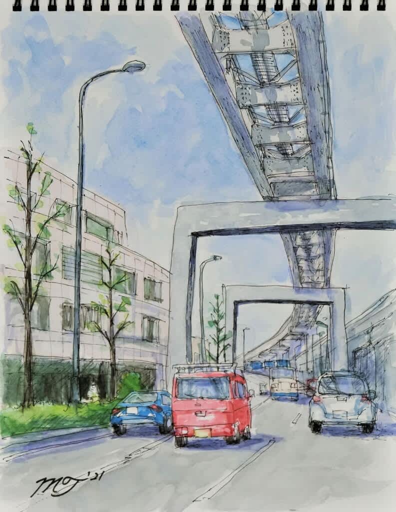 見上げればモノレール の絵です どろ亀のプロムナード