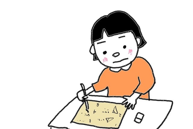 私の一日 テストをうけます 問題をときます スーザンの日本語教育 手描きイラスト