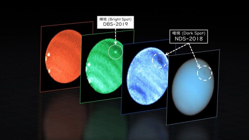 図1．超大型望遠鏡“VLT”に設置された3次元分光装置“MUSE”によって各波長で取得された海王星の画像。暗斑と輝斑はほぼ同じ位置にあることが分かる。（Credit: ESO, P. Irwin et al. / 文字と矢印は彩恵りり氏による加筆）