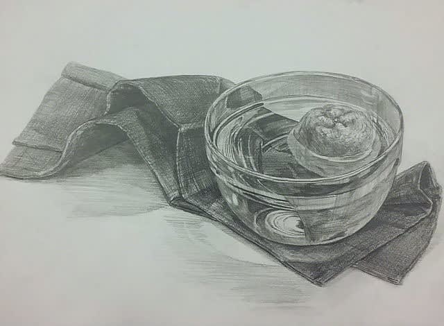 与えられた椪柑 ガラスボウル ランチョンマットを鉛筆で描写しなさい 絵画教室アトリエ伊丹ブログ