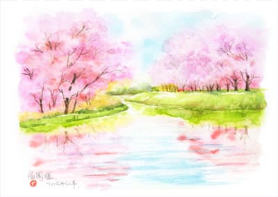 つくばみらい市 福岡堰の桜 おさんぽスケッチ にじいろアトリエ 水彩 色鉛筆イラスト スケッチ
