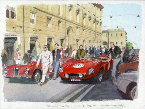 フェラーリ500TR 水彩画 ミッレミリアの風景 - sportscar graphic