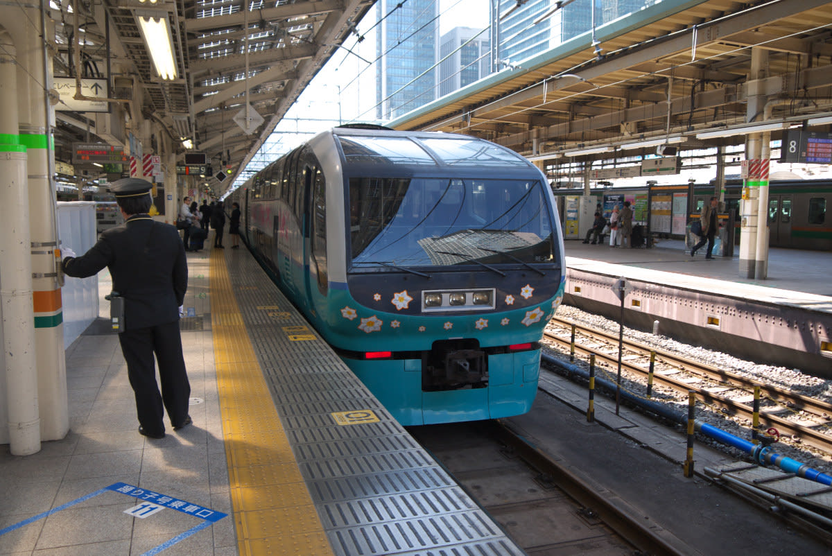 東京駅を発車する３００５m 特急スーパービュー踊り子５号 伊豆急下田行き 緑には 東京しかない