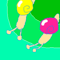 黄色とピンクの２匹のかたつむりがいるイラスト