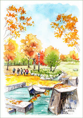 並木公園の紅葉 その２ おさんぽスケッチ にじいろアトリエ 水彩 色鉛筆イラスト スケッチ