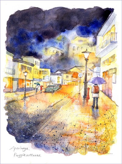 雨の夜景 おさんぽスケッチ にじいろアトリエ 水彩 色鉛筆イラスト スケッチ