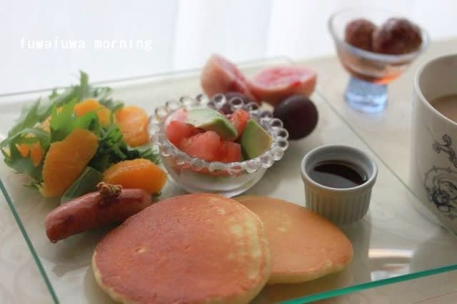 ホットケーキとサラダで朝ごはん 栗の渋皮煮 ふわふわモーニング