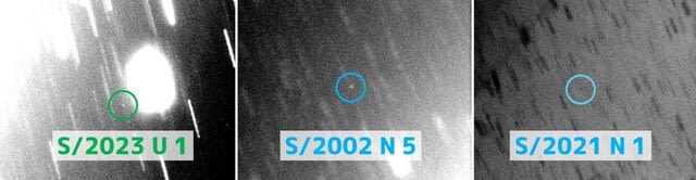 図1．今回発見が公表された3つの新衛星。（Credit: Scott S. Sheppard, Magellan telescope & Subaru telescope（丸囲みと衛星名は彩恵りり氏による加筆））