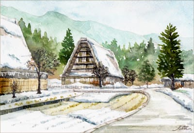 飛騨高山 雪景色 おさんぽスケッチ にじいろアトリエ 水彩 色鉛筆イラスト スケッチ